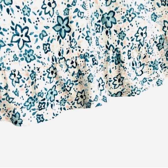 Lucky Brand Ruffle Hem Blouse Puff Sleeve V-neck Floral Teal Blue Green Size S - Picture 7 of 12